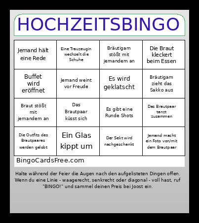 Hochzeits Bingo Card