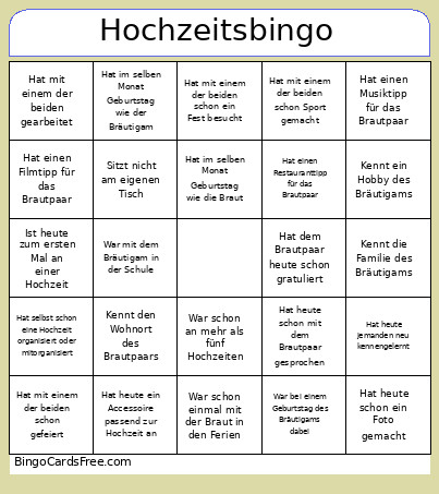 Hochzeits Bingo Card