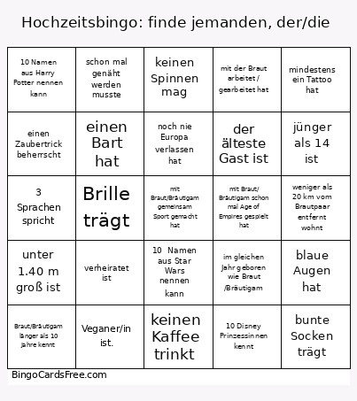 Hochzeits: Finde Jemanden, Der/die Bingo Card