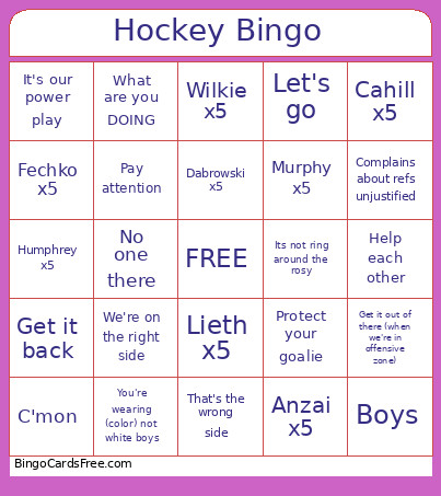 Hockey Bingo Card