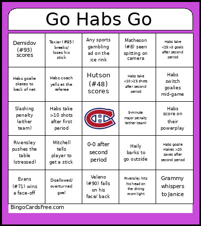 Hockey Game Bingo Card