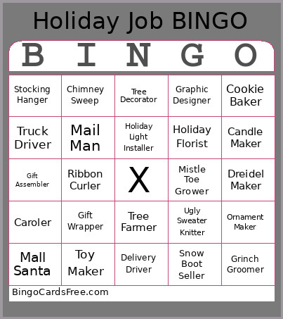 Holiday Jobs Bingo Card
