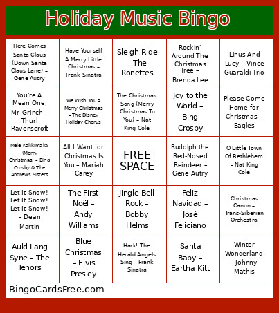 Holiday Music Bingo Card