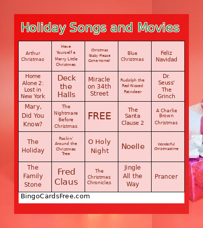 Holiday Songs And Movies Bingo Card