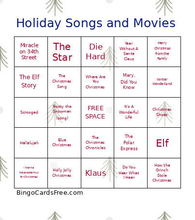 Holiday Songs And Movies Bingo Card