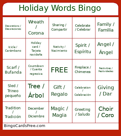 Holiday Words (Dual Language) Bingo Card