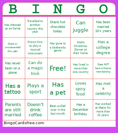 Holiday Work Party Bingo Card