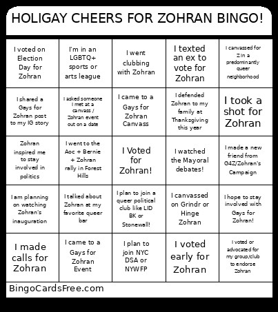 HOLIGAY CHEERS FOR ZOHRAN ! Bingo Card