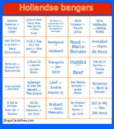 Hollandse Bangers Bingo Card