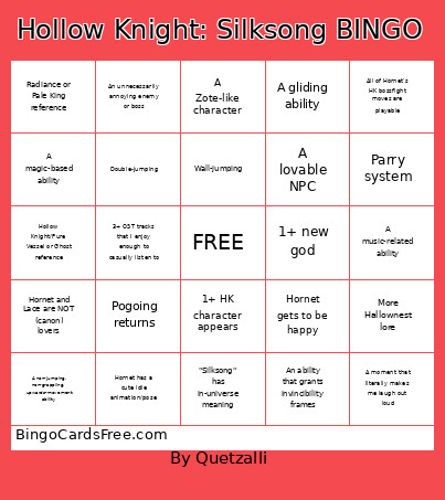 Hollow Knight: Silksong Bingo Card