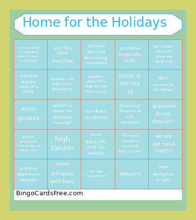 Home For The Holidays Bingo Card