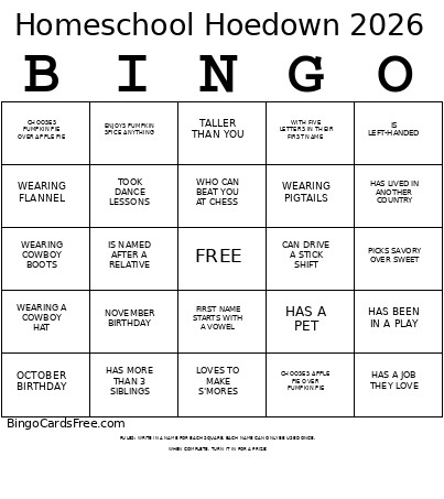 Homeschool Hoedown 2026 Bingo Card