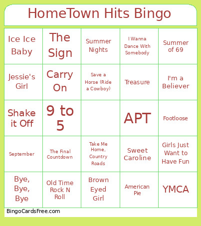 HomeTown Hits Bingo Card