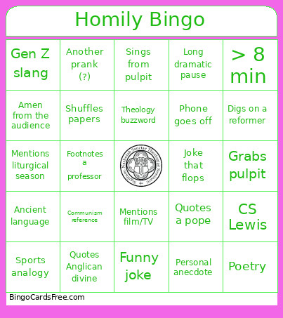 Homily Bingo Card
