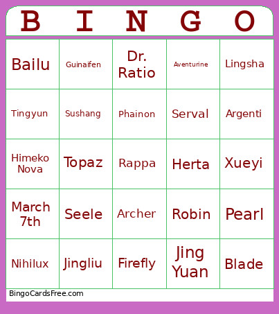 Honkai Star Rail Characters Bingo Card