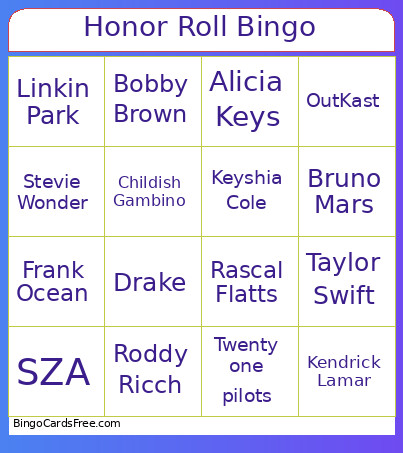 Honor Roll Bingo Card