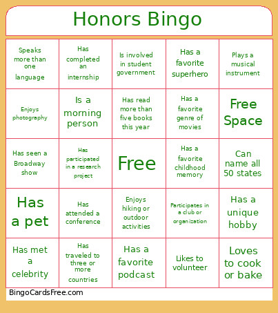 Honors Bingo Card