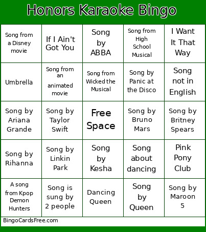 Honors Pre-flight Karaoke Bingo Card