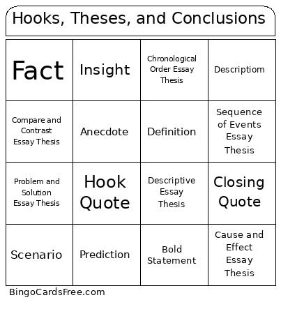 Hooks, Theses, And Conclusions Bingo Card
