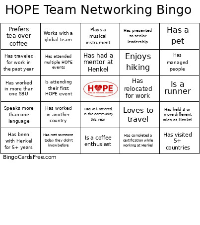 HOPE Team Networking Bingo Card
