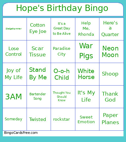 Hope's Birthday Bingo Card