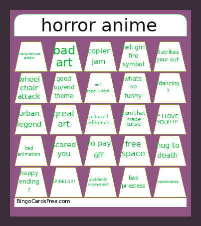 Horror Anime Bingo Card