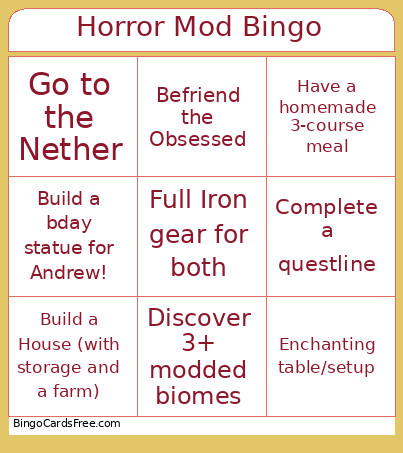 Horror Mod Bingo Card