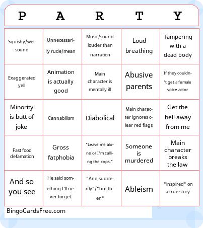 HORROR SHORTS PARTY Bingo Cards Free Pdf Printable Game, Title: PARTY