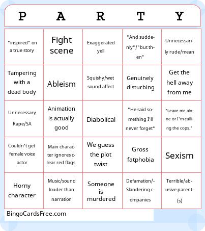 Horror Shorts Party Bingo Cards Free Pdf Printable Game, Title: PARTY