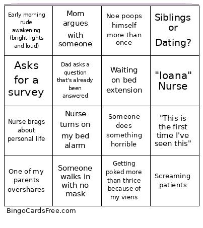 Hospital Stay Bingo Card