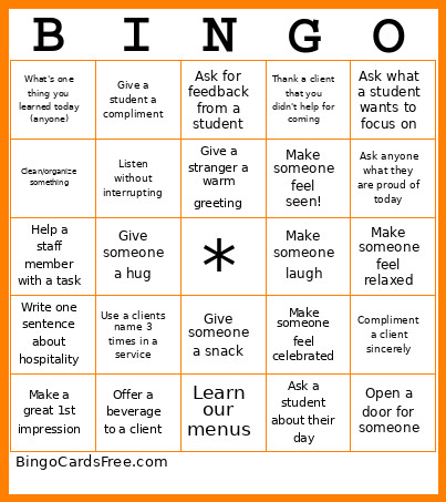 Hospitality Bingo Card