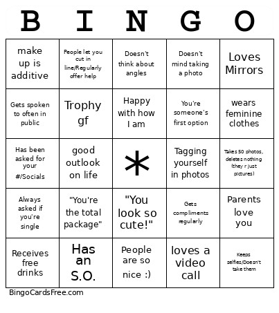 Hot Girl Experience Bingo Card