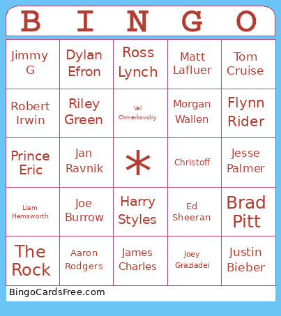 Hot Guy Bingo Card