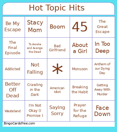 Hot Topic Hits Bingo Card