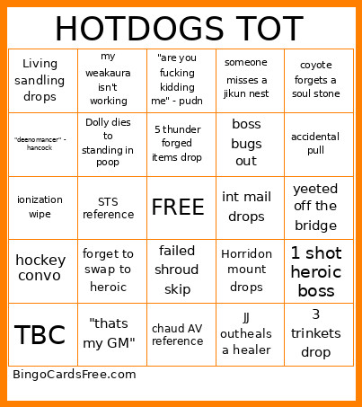 Hotdogs Tot Bingo Card