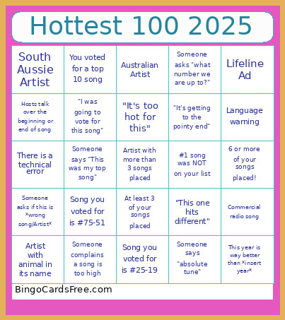 Hottest 100 2025 Bingo Card