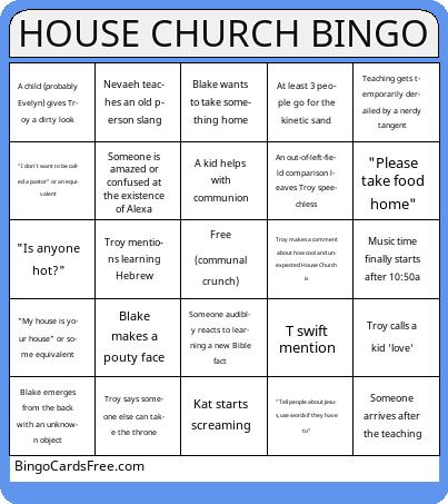 House Church Bingo Cards Free Pdf Printable Game, Title: HOUSE CHURCH BINGO