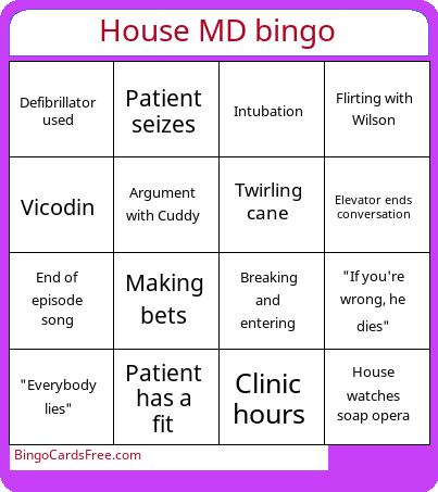 House MD Bingo Cards Free Pdf Printable Game, Title: House MD bingo