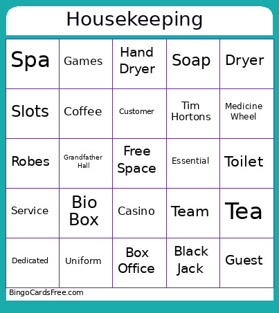 Housekeeping Bingo Card