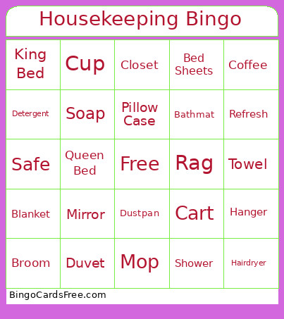 Housekeeping Bingo Card
