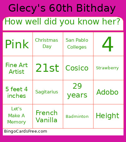How Well Did You Know Her? Bingo Card
