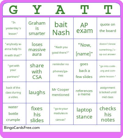 Hoyt's Class Bingo Cards Free Pdf Printable Game, Title: GYATT