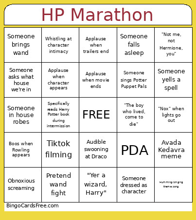HP Marathon Bingo Card