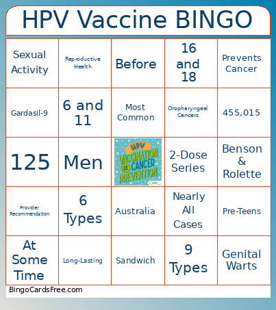 HPV Vaccine Bingo Card