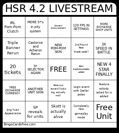 HSR LIVESTREAM Bingo Card