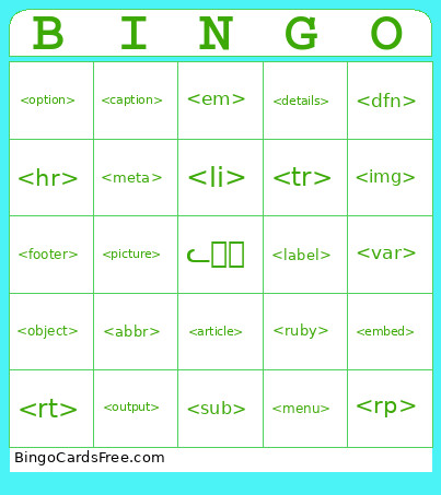 HTML Elements Bingo Card