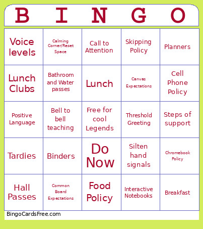 HTMS Common Expectations Bingo Card