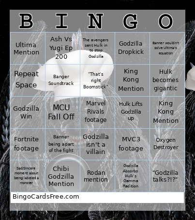 Hulk Vs Godzilla Bingo Card
