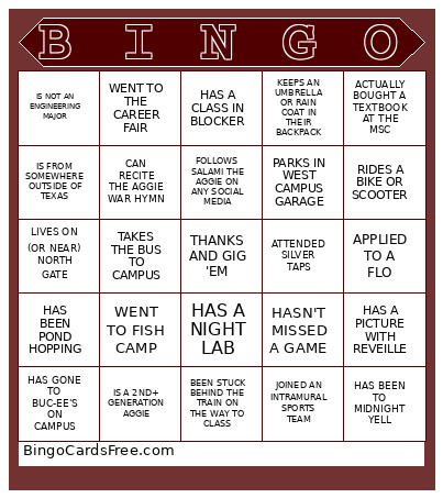 Hullabaloo-U Aggie Bingo Card