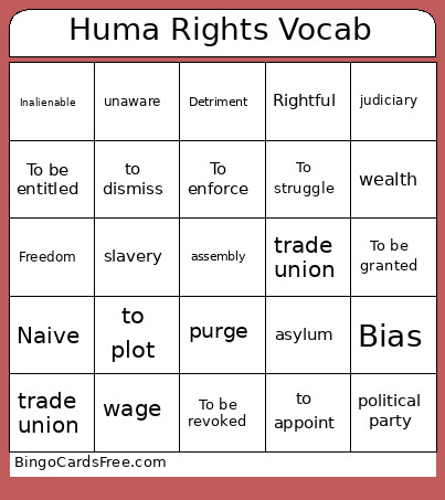 Huma Rights Vocab Bingo Card 2